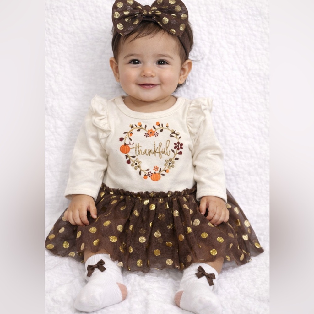 NWT! Baby Starters Thankful Dress 3 piece Set - Cream and Brown